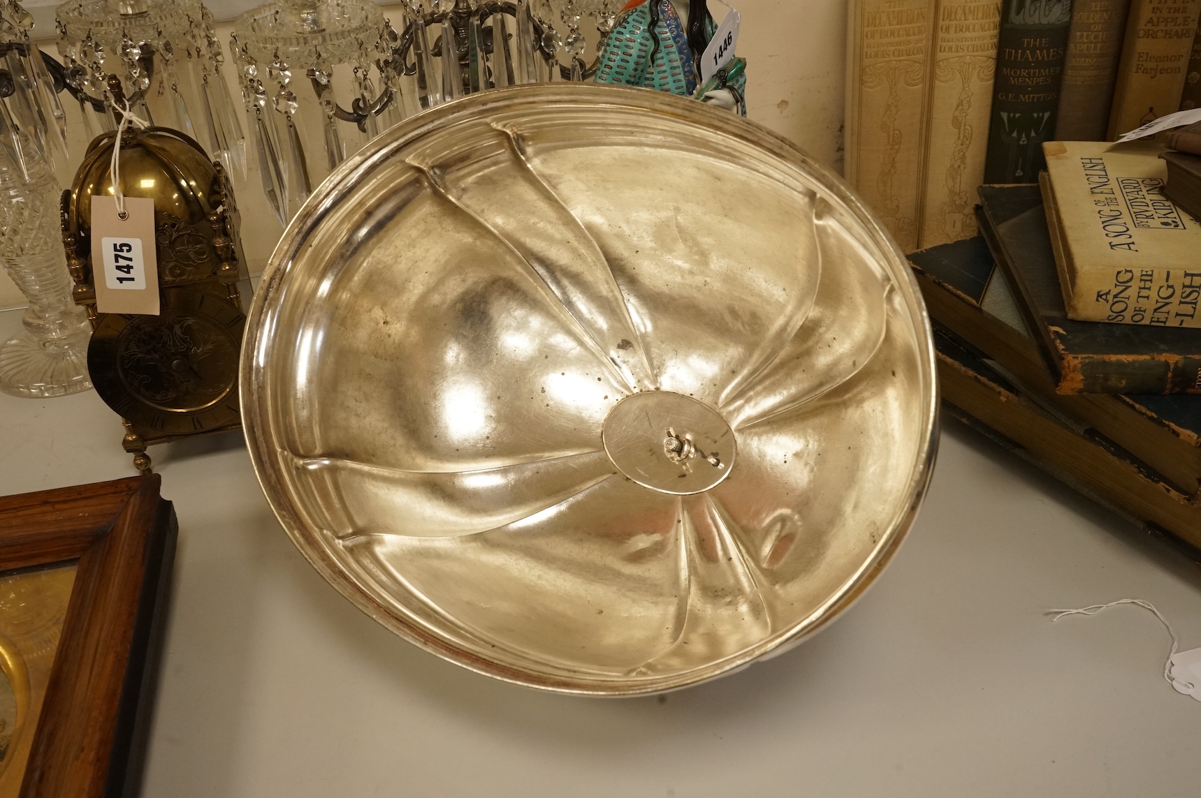 A Victorian engraved electroplate meat dish cover, 38cm wide